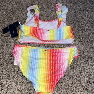Tommy Hilfiger Girls Two Piece Ruffle Swimsuit Bikini XL 16 UPF 50+ Rainbow Logo